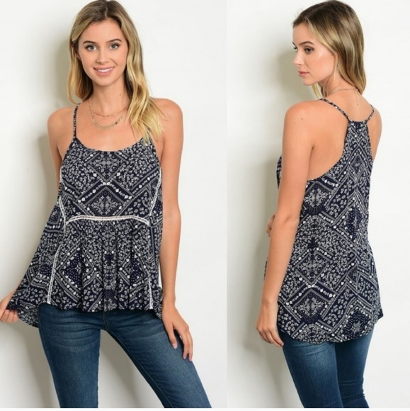 SARA Boho Navy Bandana Print & White Ladder Lace Tank Top Size Small LAST 1 NWT - Picture 8 of 8